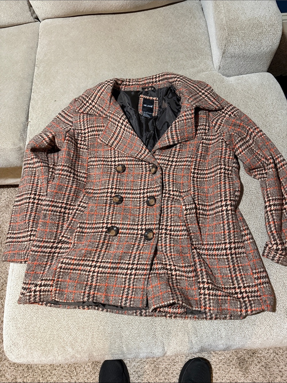 Me Jane Plaid Double-Breasted Peacoat in Brown and Orange